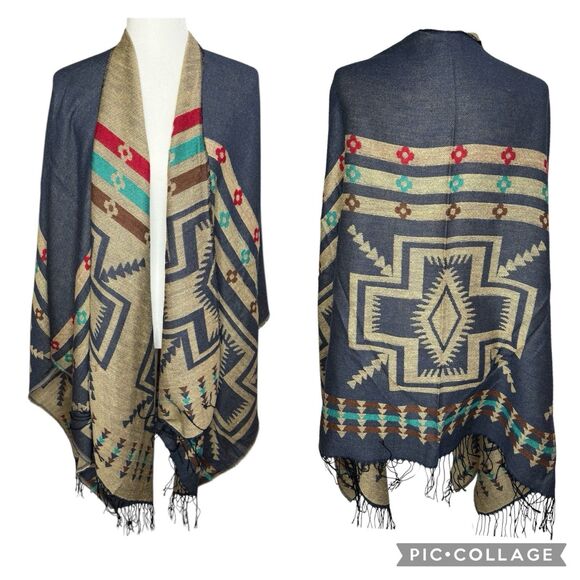 Urban CoCo Shawl Poncho Wrap Cape Reversible Fringe Tassel Aztec Western - Picture 1 of 13